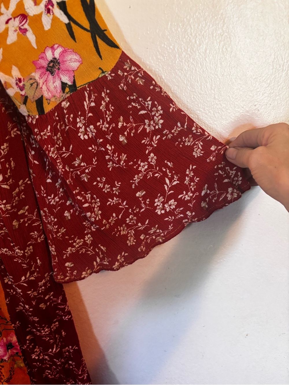 Umgee Mustard and Maroon Floral Crochet V-Neck Tunic - Picture 6 of 10
